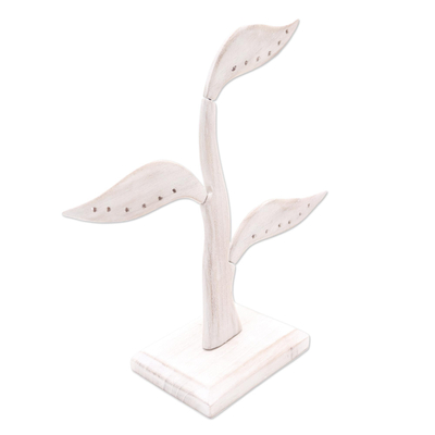 Wood jewelry holder, 'Daun Salam in White' (10 inch) - White Jempinis Wood Leaf-Themed Jewelry Holder (10 Inch)