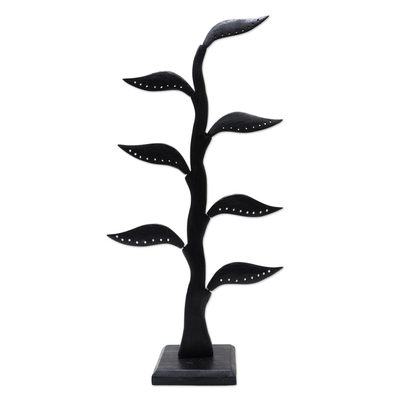 Wood jewelry holder, 'Daun Salam in Black' (21 inch) - Black Jempinis Wood Leaf-Themed Jewelry Holder (21 Inch)