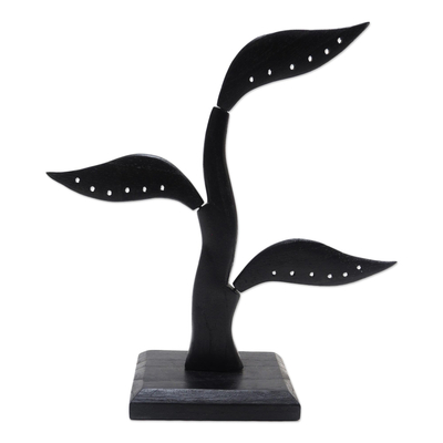 Wood jewelry holder, 'Daun Salam in Dark Brown' (10 inch) - Hand Crafted Wood Leaf-Themed Jewelry Holder (10 Inch)