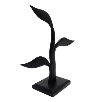 Wood jewelry holder, 'Daun Salam in Dark Brown' (10 inch) - Hand Crafted Wood Leaf-Themed Jewelry Holder (10 Inch)