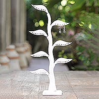 Wood jewelry holder, 'Daun Salam in White' (21 inch) - Jempinis Wood Leaf-Themed Jewelry Holder (21 Inch)