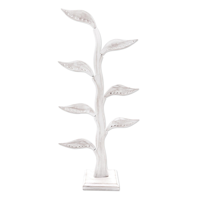 Wood jewelry holder, 'Daun Salam in White' (21 inch) - Jempinis Wood Leaf-Themed Jewelry Holder (21 Inch)