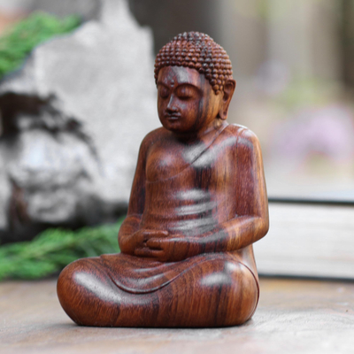 Wood statuette, 'Dhyan Mudra' - Concentration Buddha Suar Wood Statuette