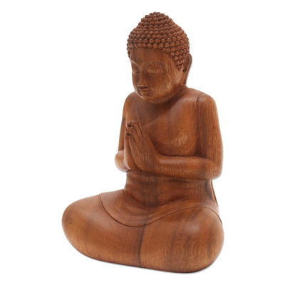 Holzstatuette, „Hridayanjali Mudra“ – Anbetungs-Buddha-Suar-Holzstatuette