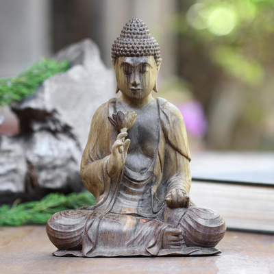 Hibiscus wood statuette, 'Buddha with Lotus' - Buddha with Lotus Hibiscus Wood Statuette