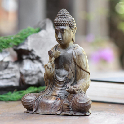 Hibiscus wood statuette, 'Buddha with Lotus' - Buddha with Lotus Hibiscus Wood Statuette