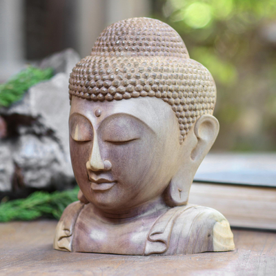 Wood sculpture, 'Buddha Bust' - Hand Carved Hibiscus Wood Buddha Sculpture