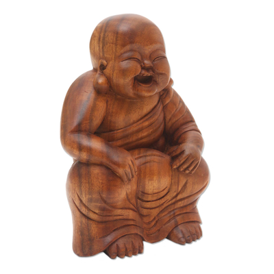 Wood statuette, 'Relaxing Chinese Buddha' - Relaxing Chinese Buddha Suar Wood Statuette