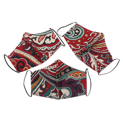 Cotton face masks, 'Red Rainbow' (set of 3) - Hand Crafted Cotton Face Masks from Bali (Set of 3)