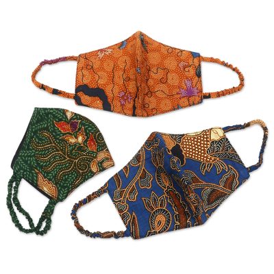 Cotton face masks, 'Traditional Batik' (set of 3) - Unisex Batik Cotton Face Masks from Java (Set of 3)
