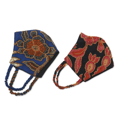 Cotton face masks, 'Beaded Batik' (pair) - Pair of Cotton Batik Beaded Face Masks