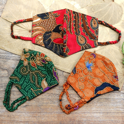 Perlenbesetzte Batik-Gesichtsmasken aus Baumwolle, (3er-Set) - Von Hand gefertigte Perlen-Batik-Gesichtsmasken (3er-Set)