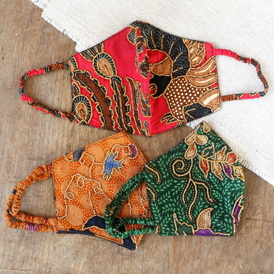 Beaded cotton batik face masks, 'Batik Sparkle' (set of 3) - Artisan Crafted Beaded Batik Face Masks (Set of 3)