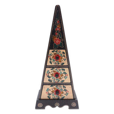Decorative batik wood box, 'Pyramid of Flowers' - Hand Crafted Decorative Floral Batik Box