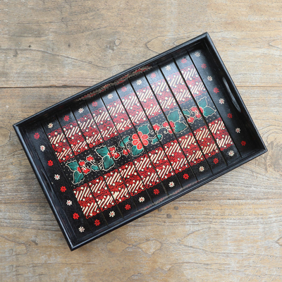 Dekoratives Batiktablett aus Holz - Handgefertigtes dekoratives Tablett aus Batik-Blumenmuster
