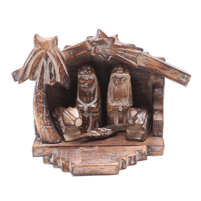 Wood nativity scene, 'Nativity in the Tropics' (6 pcs) - Rustic Hand Carved Nativity Scene (6 Pieces)