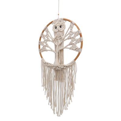 Makramee-Wandbehang aus Baumwolle, 'Owl Tree' - Baumwolle Makramee Eule im Baum Wandbehang