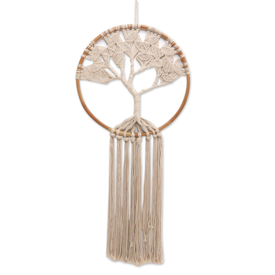 Cotton macrame wall hanging, 'Deep Roots, Strong Branches' - Handcrafted Ivory Macrame Tree Wall Hanging