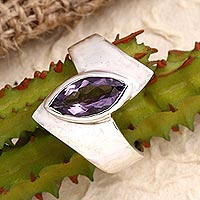 Amethyst single stone ring, 'Modern Purple' - Hand Made Amethyst and Sterling Silver Single Stone Ring