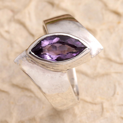 Amethyst single stone ring, 'Modern Purple' - Hand Made Amethyst and Sterling Silver Single Stone Ring