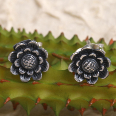 Sterling silver stud earrings, 'Small Sunflowers' - Hand Crafted Sterling Silver Sunflower Stud Earrings