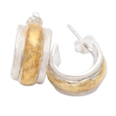 Gold accented half-hoop earrings, 'Golden Middle' - Handmade Gold Accented Sterling Silver Half-Hoop Earrings
