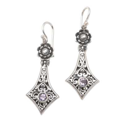 Amethyst dangle earrings, 'Pointed Sunflower' - Handmade Amethyst and Sterling Silver Dangle Earrings