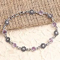 Amethyst link bracelet, 'Sunflower Line' - Hand Crafted Amethyst and Sterling Silver Link Bracelet