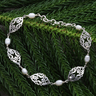 Cultured freshwater pearl link bracelet, 'Traditional Morning' - Handmade Cultured Freshwater Pearl Link Bracelet