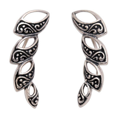 Sterling silver ear climber earrings, 'Climbing Marquise' - Hand Made Sterling Silver Climbing Earrings from Bali