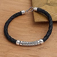 Sterling silver and leather pendant bracelet, 'Sanur Weave' - Woven Motif Sterling Silver and Leather Bracelet