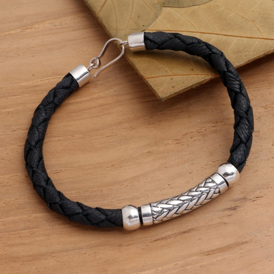 Sterling silver and leather pendant bracelet, 'Sanur Weave' - Woven Motif Sterling Silver and Leather Bracelet