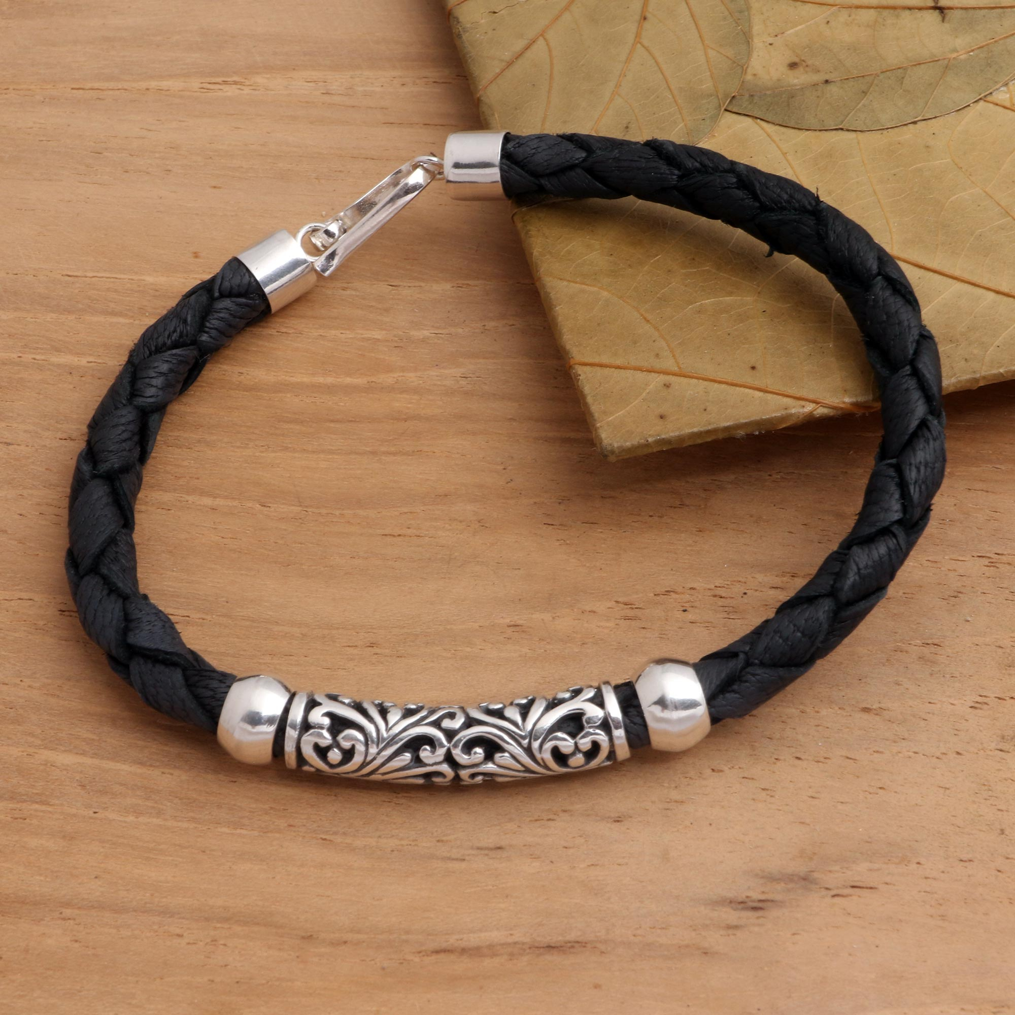 Balinese Style Sterling Silver and Leather Bracelet, 'Sanur Flourish'