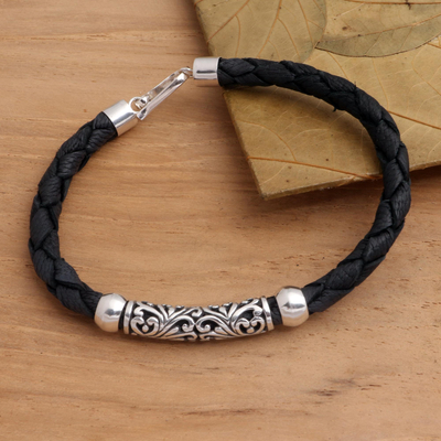 Sterling silver and leather pendant bracelet, Sanur Flourish