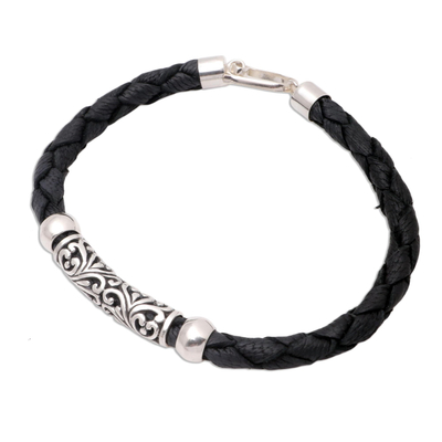 Sterling silver and leather pendant bracelet, 'Sanur Flourish' - Balinese Style Sterling Silver and Leather Bracelet