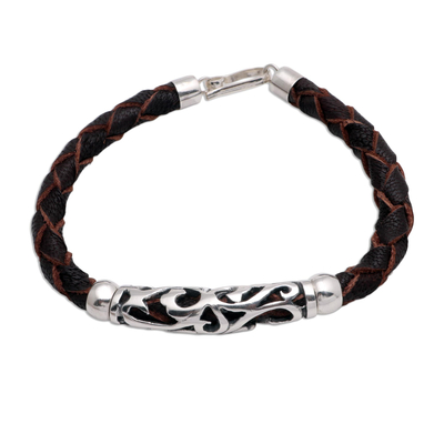 Sterling silver and leather pendant bracelet, 'Fire Spirit' - Brown Leather and Sterling Silver Bracelet