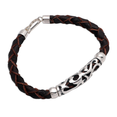 Sterling silver and leather pendant bracelet, 'Fire Spirit' - Brown Leather and Sterling Silver Bracelet