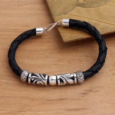 Sterling silver and leather pendant bracelet, 'Tropical Motif' - Artisan Crafted Sterling Silver and Leather Bracelet