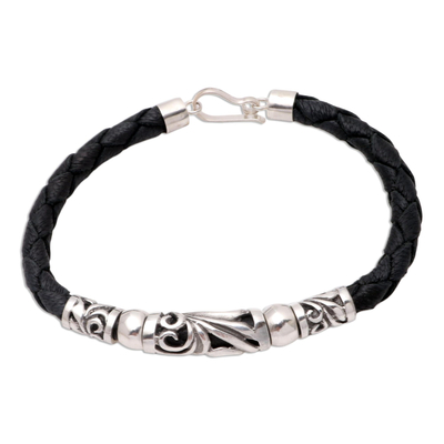 Black Leather and Sterling Silver Pendant Bracelet - Sanur Surf | NOVICA