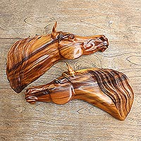 Wood wall sculptures, 'Pair of Mares' (pair) - Pair of Handcarved Suar Wood Horse Heads Wall Sculptures