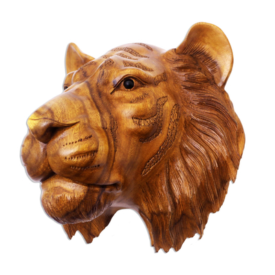 Escultura de pared de madera - Escultura de pared de cabeza de tigre de madera de suar con ojos de ónix