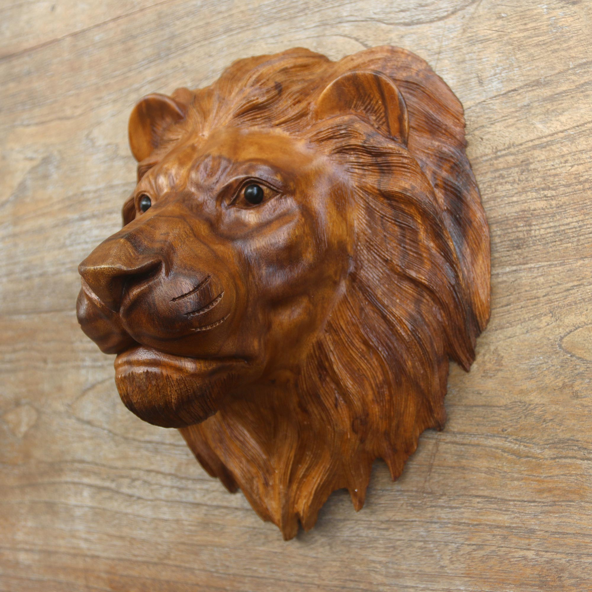 Suar Wood Lion Head Wall Sculpture with Onyx Eyes - King of Cats