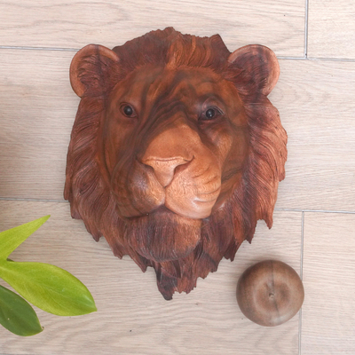 Wood wall sculpture, 'King of Cats' - Suar Wood Lion Head Wall Sculpture with Onyx Eyes