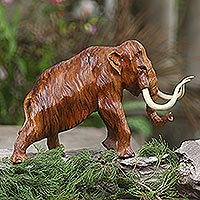 Suar wood sculpture, 'Wooly Mammoth' - Suar Wood and Crocodile Wood Wooly Mammoth Sculpture