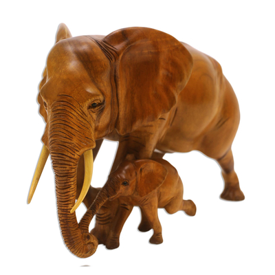 Holzskulptur - Elefantenmutter- und Babyskulptur aus Suar-Holz