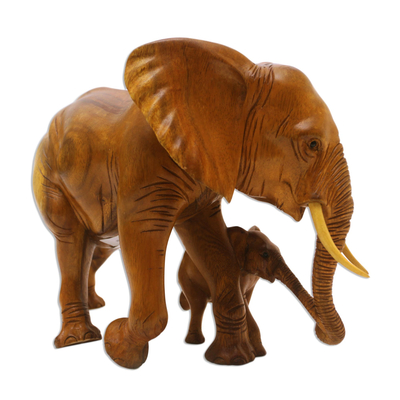 Wood sculpture, 'Elephant and Calf' - Suar Wood Elephant Mother and Baby Sculpture