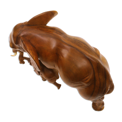 Wood sculpture, 'Elephant and Calf' - Suar Wood Elephant Mother and Baby Sculpture