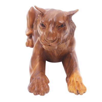 Wood statuette, 'Lying Tiger' - Balinese Suar Wood Lying Tiger Sculpture