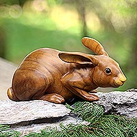 Wood sculpture, 'Gentle Friend' - Suar Wood Rabbit Sculpture with Onyx Eyes