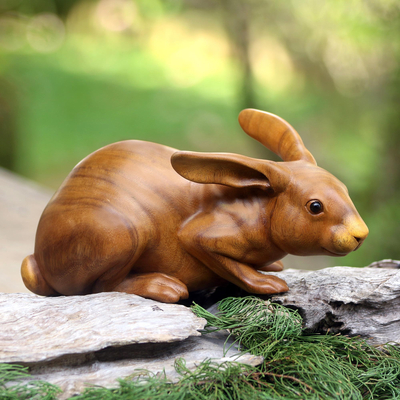 UNICEF Market | Suar Wood Rabbit Sculpture with Onyx Eyes - Gentle Friend